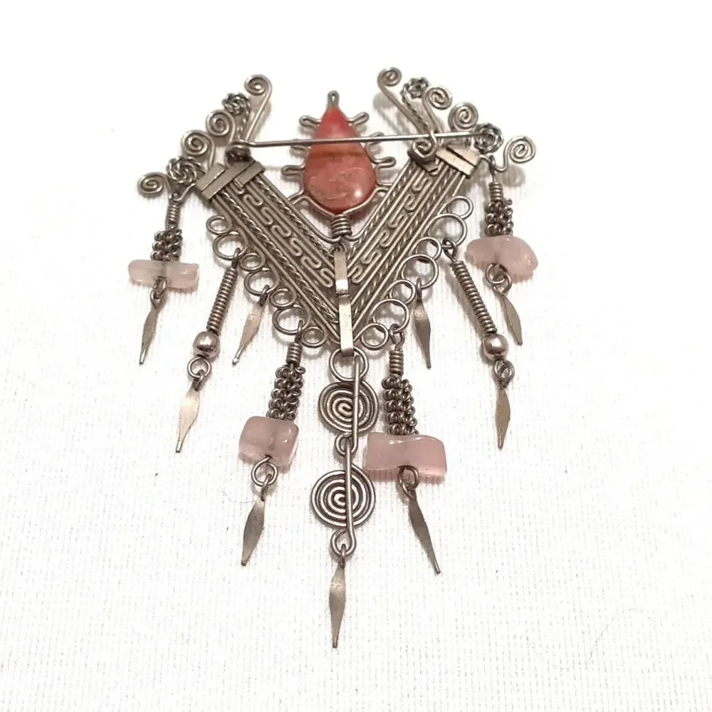 Vintage Mexican Alpaca Mayan Aztec Design Silver Tone Brooch